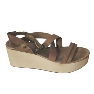 Fossil Brown Leather Platform Wedge Sandals Strappy Buckle Casual Comfort 10